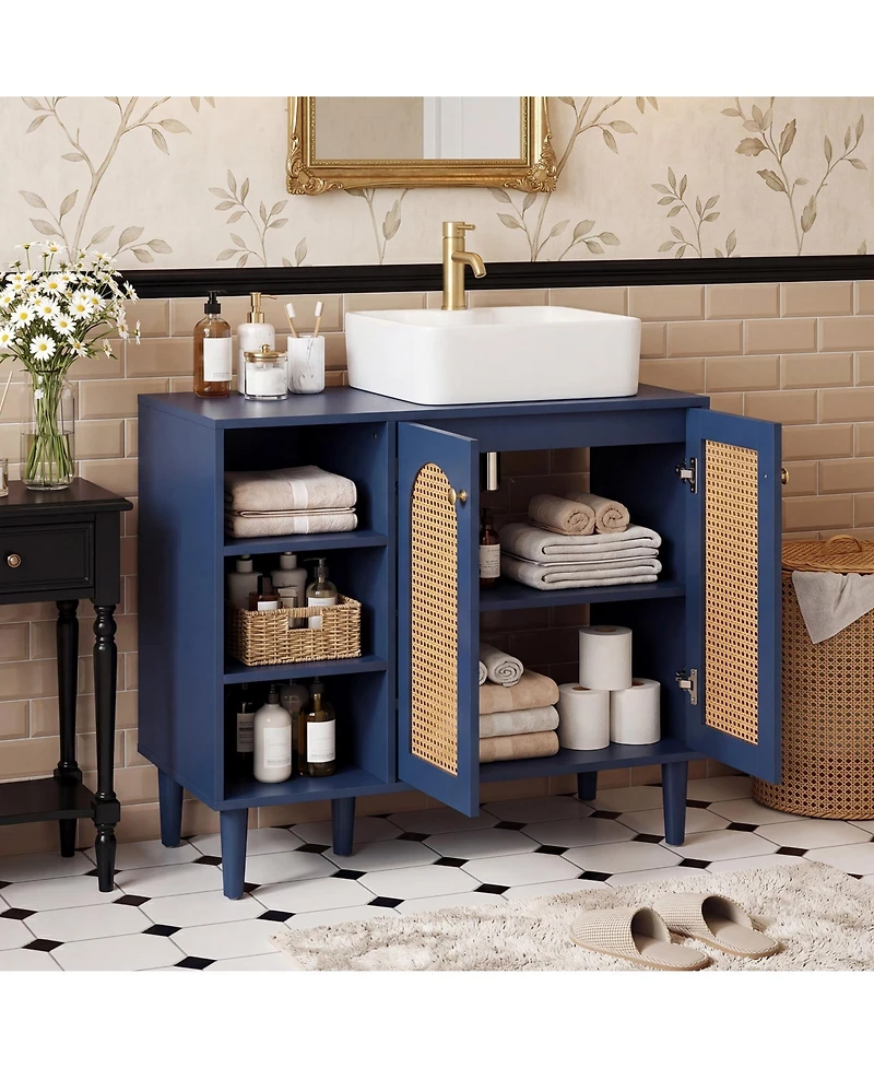 Costway 36" Under Sink Cabinet, Boho Sink Base with Rattan Doors