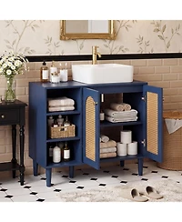 Costway 36" Under Sink Cabinet, Boho Sink Base with Rattan Doors