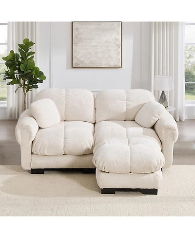 Boyel Living Chenille Cloud L-Shaped Loveseat Sofa Soft Padded Armrests Stylish Petal Design with Movable Ottoman