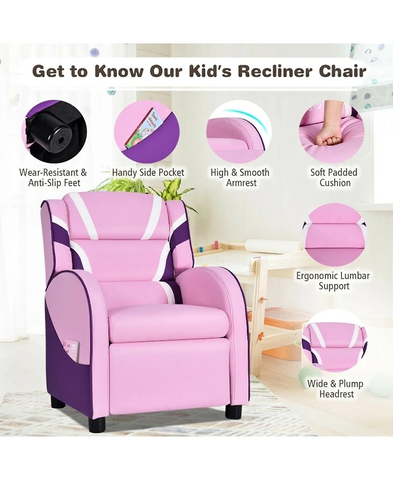 Gouun Kids Leather Recliner Chair with Adjustable Backrest and Side Pockets