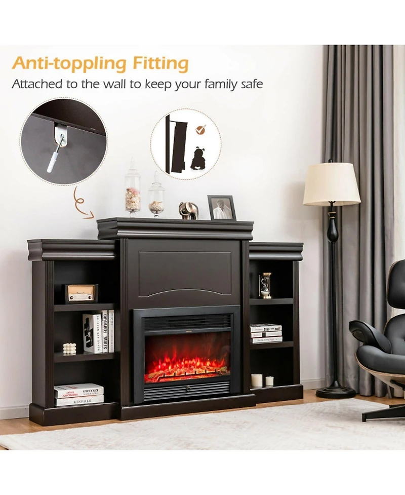 Gouun 70 Inch Fireplace Tv Stand Media Console with Open Bookcase Shelves