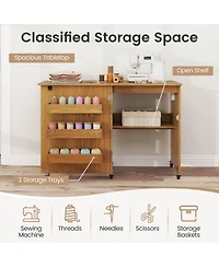 Costway Folding Sewing Table Rolling Craft Station with 3 Storage Bins