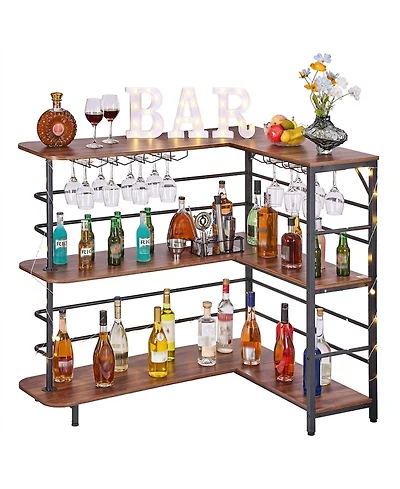 Sugift L-Shaped 3-Tier Home Bar Cabinet Table with Storage Shelves Adjustable Foot Pads and Led Light