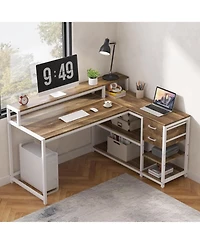 Tribesigns 55" L-Shaped Corner Desk with Drawers and Shelves, Oak