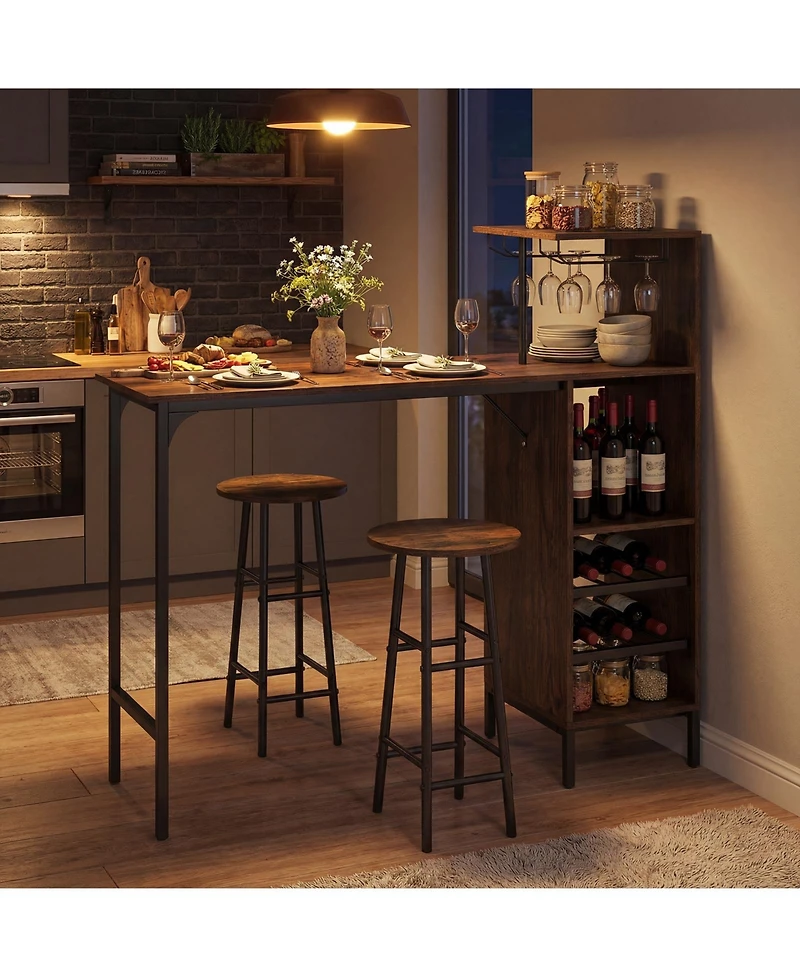 Costway 3 Piece Bar Table and Chairs Set Industrial Pub Stools with Bottle Wine Rack