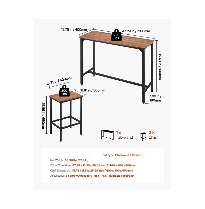 Slickblue 47 Inch Rustic Bar Table and 2 Stools Set for Kitchen Breakfast and Dining