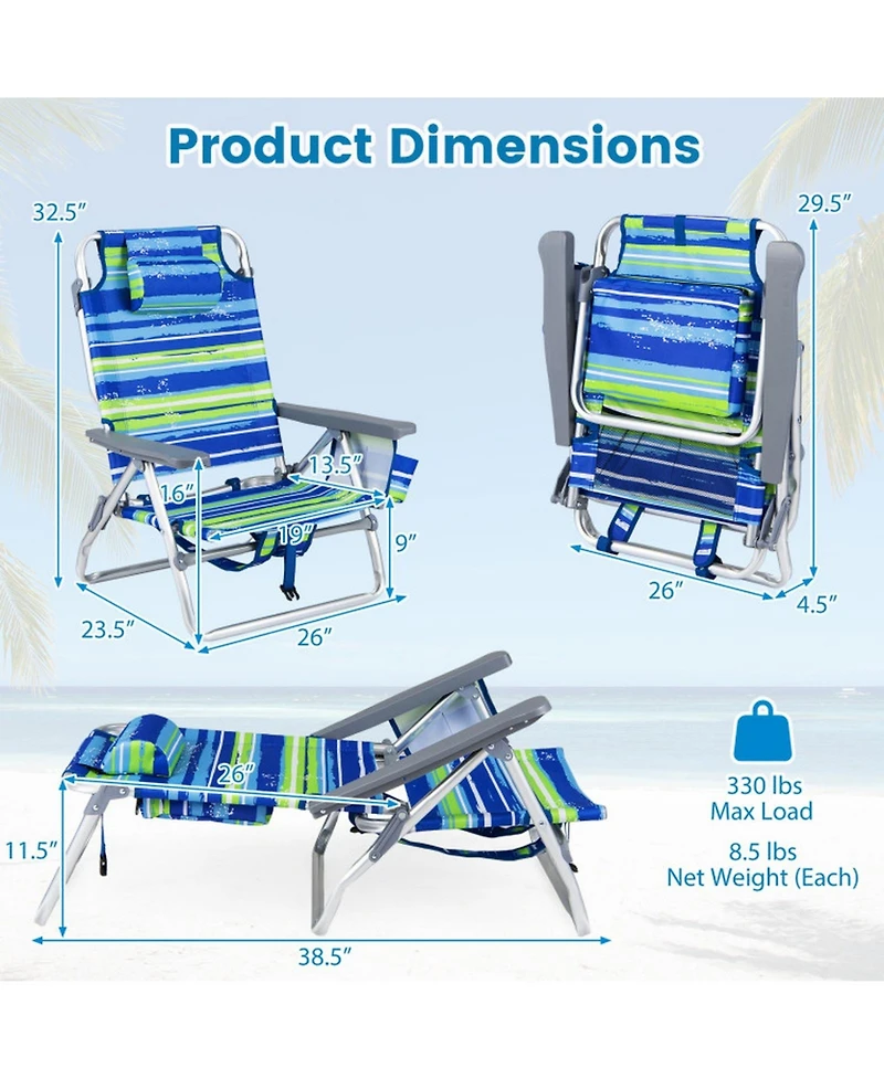 Gouun Set of 2 Portable Folding Backpack Beach Recliner Chairs with 5-Position Back