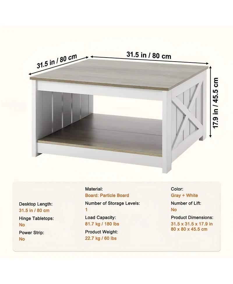 Slickblue Farmhouse Square Coffee Table with Open Storage Compartment