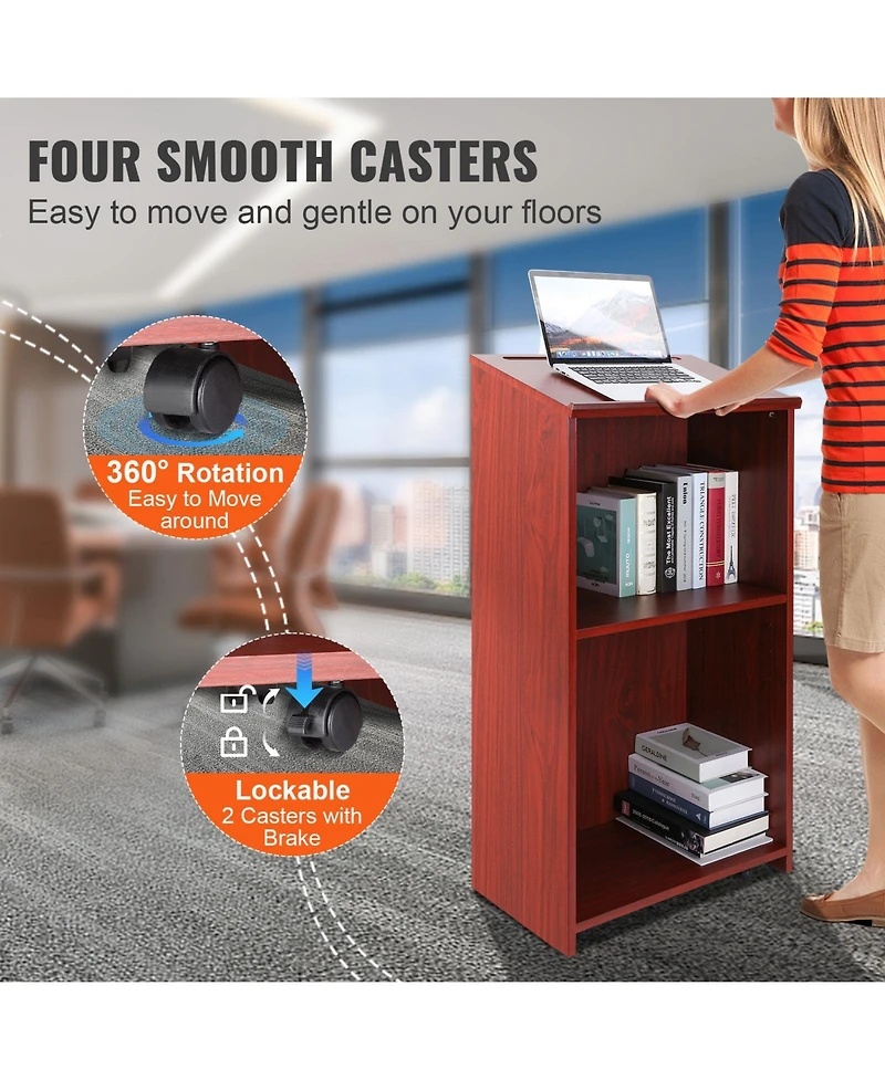 Sugift 47 in Wood Podium Stand with 4 Rolling Wheels Storage Shelves and Slant Desktop