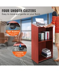 Sugift 47 in Wood Podium Stand with 4 Rolling Wheels Storage Shelves and Slant Desktop