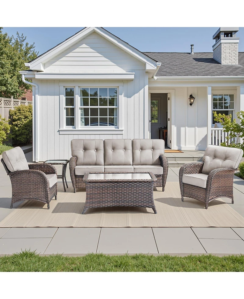 Pocassy 5 Pieces Patio Furniture Set, Outdoor Wicker Sofa with Rattan Chairs, Coffee Table, 5" Thick Cushions