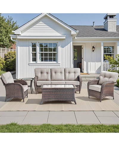 Pocassy 5 Pieces Patio Furniture Set, Outdoor Wicker Sofa with Rattan Chairs, Coffee Table, 5" Thick Cushions