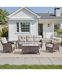 Pocassy 5 Pieces Patio Furniture Set, Outdoor Wicker Sofa with Rattan Chairs, Coffee Table, 5" Thick Cushions