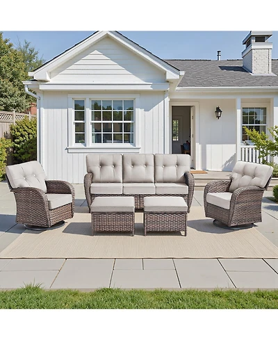 Pocassy 5Piece Patio Furniture Set, Outdoor Wicker Sofa Couch, Swivel Rocking Chairs, Ottomans, 5in Thick Cushions, All-Weather Conversation Set