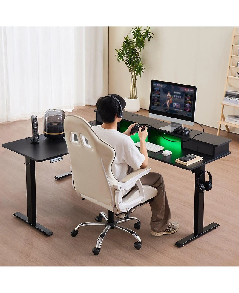 Slickblue L Shaped Adjustable Height Gaming Desk with Led Light Strip