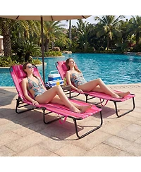Costway Beach Chaise Lounge Chair with 4-Position Adjustable Backrest and Face Hole Pillows