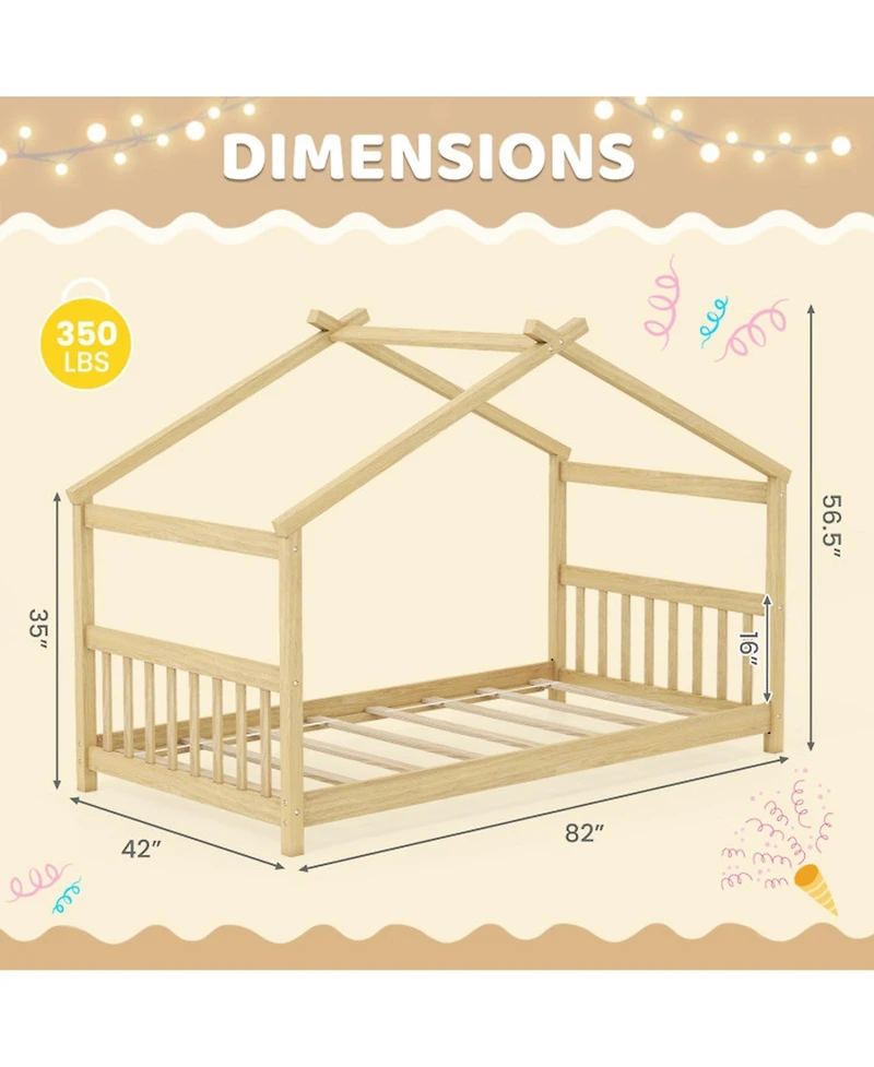 Sugift Twin Size Wooden House Bed with Roof