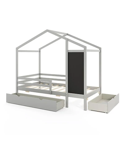 Sugift Kids Twin House Bed with 2 Drawers Solid Wood Bed with Blackboard