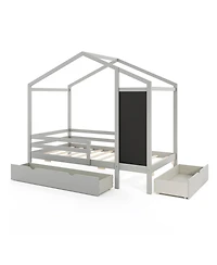 Sugift Kids Twin House Bed with 2 Drawers Solid Wood Bed with Blackboard