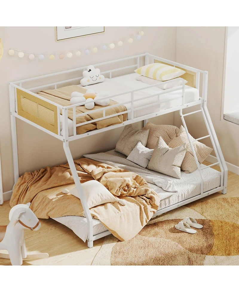 Sugift Metal Twin-Over-Full Bunk Bed with Full Length Safety Guardrail and Ramp Ladder