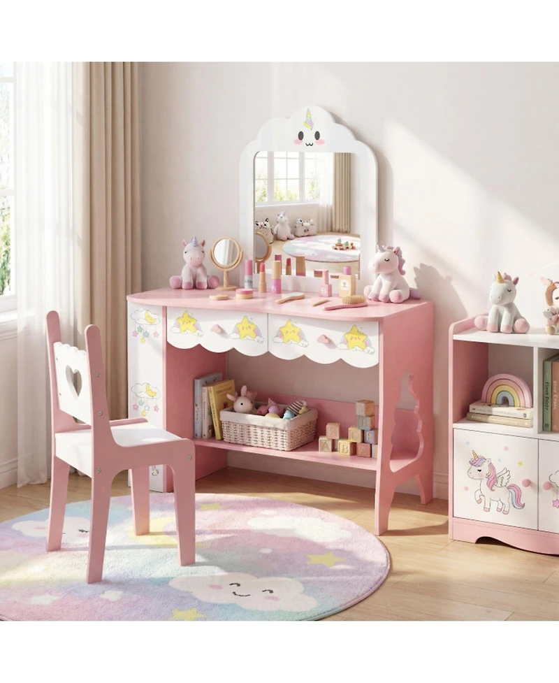 Sugift Kids Vanity Makeup Table and Chair Set with Side Bookshelf and 2 Storage Drawers