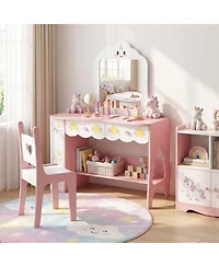 Sugift Kids Vanity Makeup Table and Chair Set with Side Bookshelf and 2 Storage Drawers