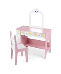 Sugift Kids Vanity Makeup Table and Chair Set with Side Bookshelf and 2 Storage Drawers
