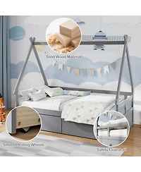 Sugift Twin Size House Bed with Roof and Safety Guardrail