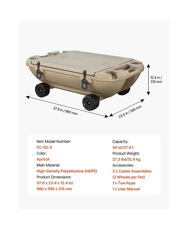 Sugift 40 Qt Floating Ice Chest Cooler with Dry Storage Wheels and Tow Rope for Water and Land