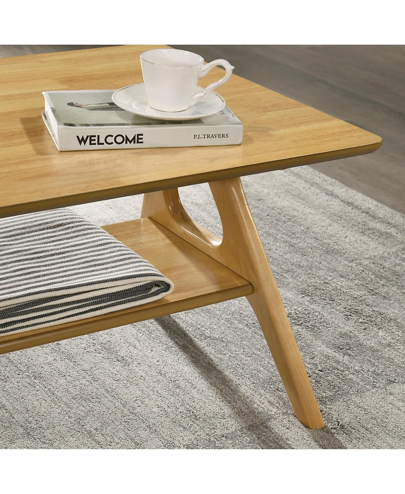Flynama Mid Century Modern Wood Coffee Table with Storage Shelf Mdf Veneer Rubberwood Base