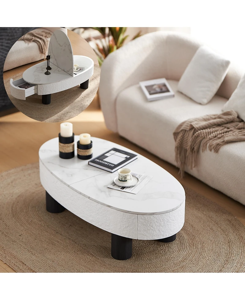 Flynama Oval Faux Marble Coffee Table with Hidden Drawer