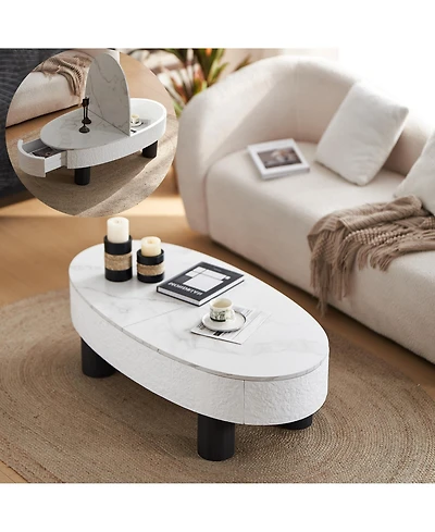 Flynama Oval Faux Marble Coffee Table with Hidden Drawer