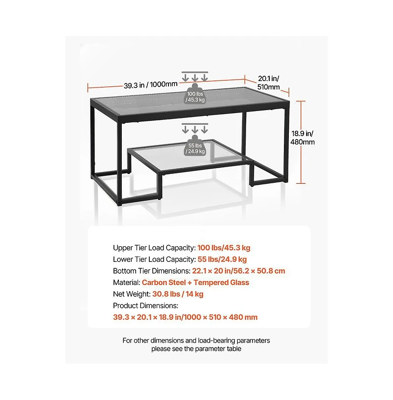 Slickblue Tempered Glass Coffee Table with Led Lights, 2-Tier Modern Center Table for Living Room