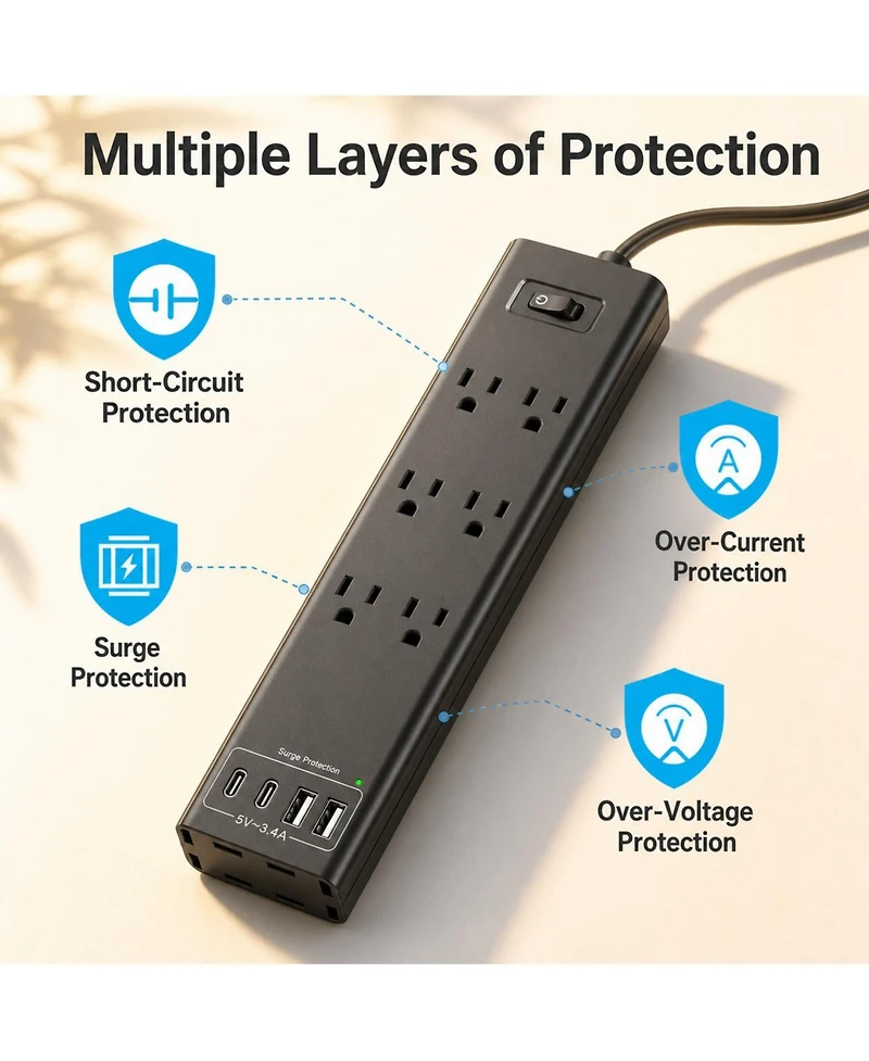 Lofree 360 Mountable Flat-Plug 6-Outlet Surge Protector for Usb-a and Usb-c Devices