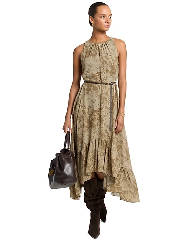Michael Kors Women's High-Low Floral-Print Ruffled Hem Midi Dress