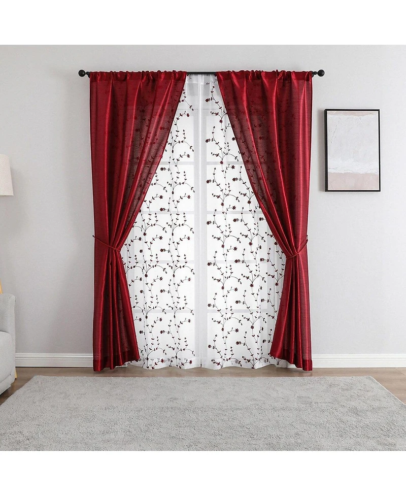 Kate Aurora Gloria Embroidered 6 Piece Rod Pocket Coordinating Sheer Window Curtain Panels