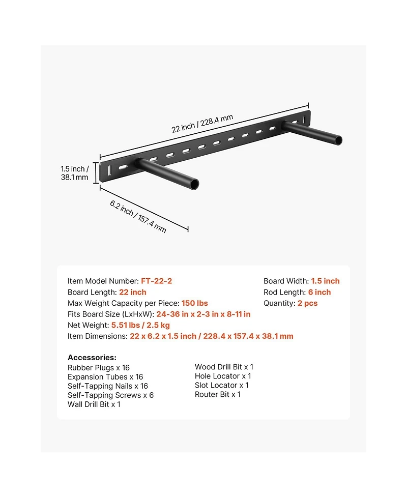 Sugift 2 Pieces Heavy Duty Hidden Floating Shelf Brackets 150 lbs 22x6.2x1.5 in Wall Mount Support