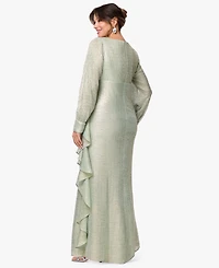 Betsy & Adam Plus Long-Sleeve V-Neck Metallic Dress