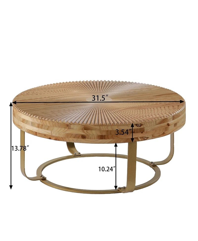 Flynama Round Wood Coffee Table Metal Legs Carved Pine Accent Living Room Table