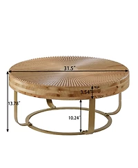 Flynama Round Wood Coffee Table Metal Legs Carved Pine Accent Living Room Table