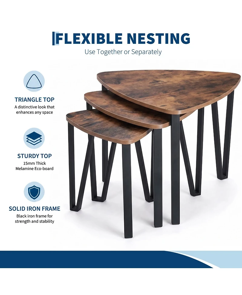 homfan Set of 3 Triangle Nesting Coffee Tables – Industrial Stacking Side Tables with Metal Frame for Living Room and Bedroom