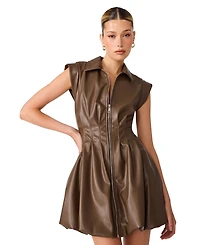 Steve Madden Women's Dyanne Sleeveless Collared Bubble-Hem Faux Leather Mini Dress