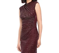 Betsy & Adam Women's Cory Metallic Ruched Mock Neck Gown