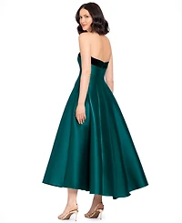 Betsy & Adam Women's Strapless Mikado With Velvet Stripe High Low Fit Flare Dress