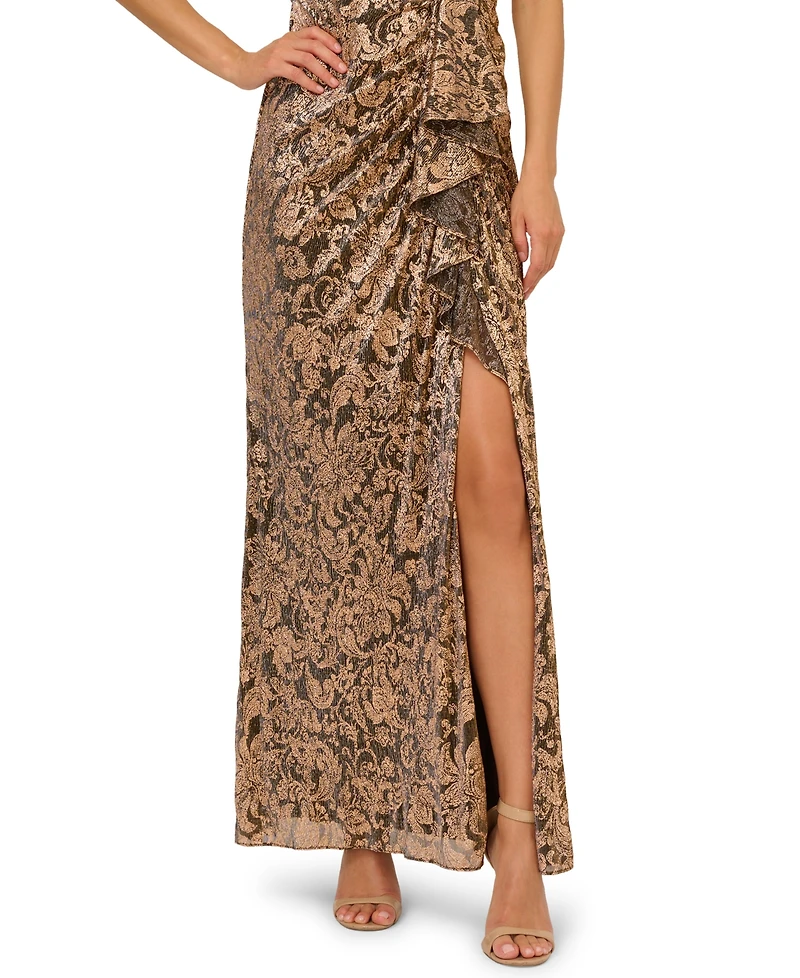 Adrianna Papell Women's Asymmetrical-Neck Metallic-Crinkle Wedding Guest Long Dress