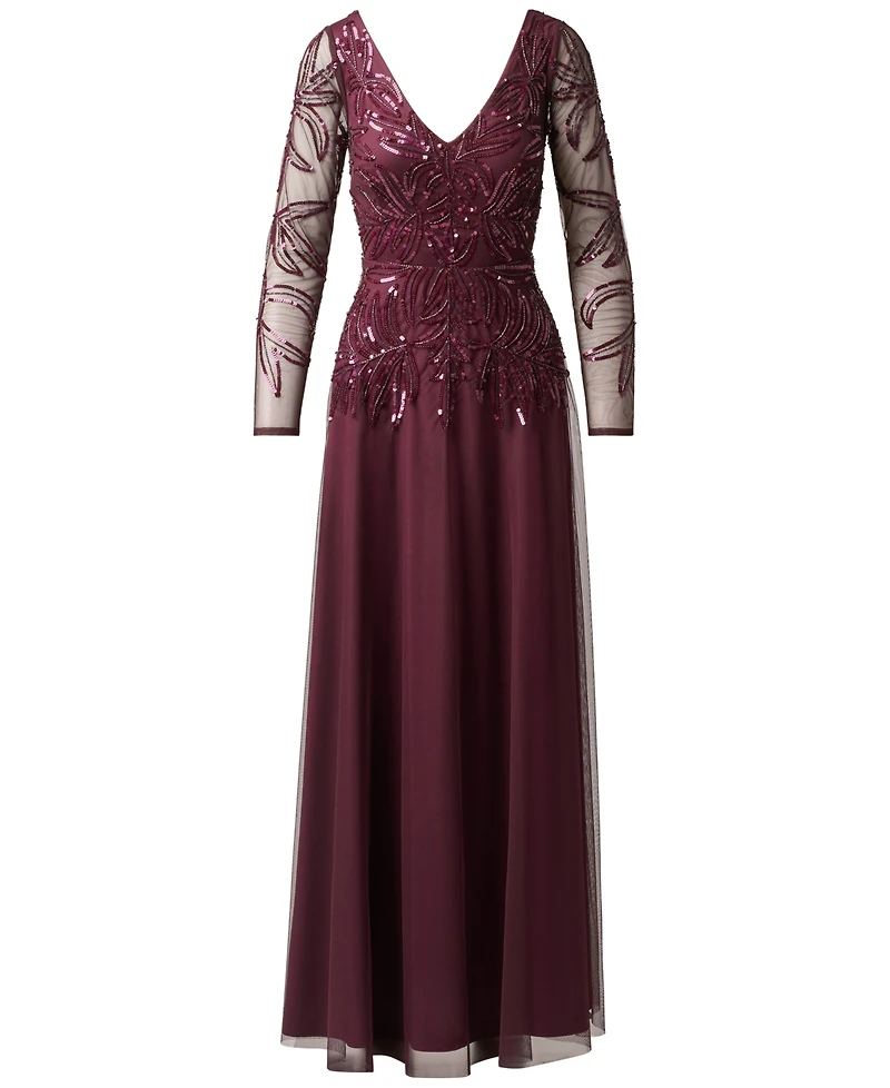 Adrianna Papell Women's Beaded V-Neck Long-Sleeve Dress