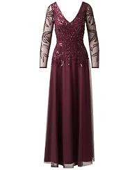 Adrianna Papell Women's Beaded V-Neck Long-Sleeve Dress