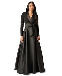 Adrianna Papell Women's Tuxedo Combo Fit and Flare Long-Sleeve Shawl Collar Satin Gown