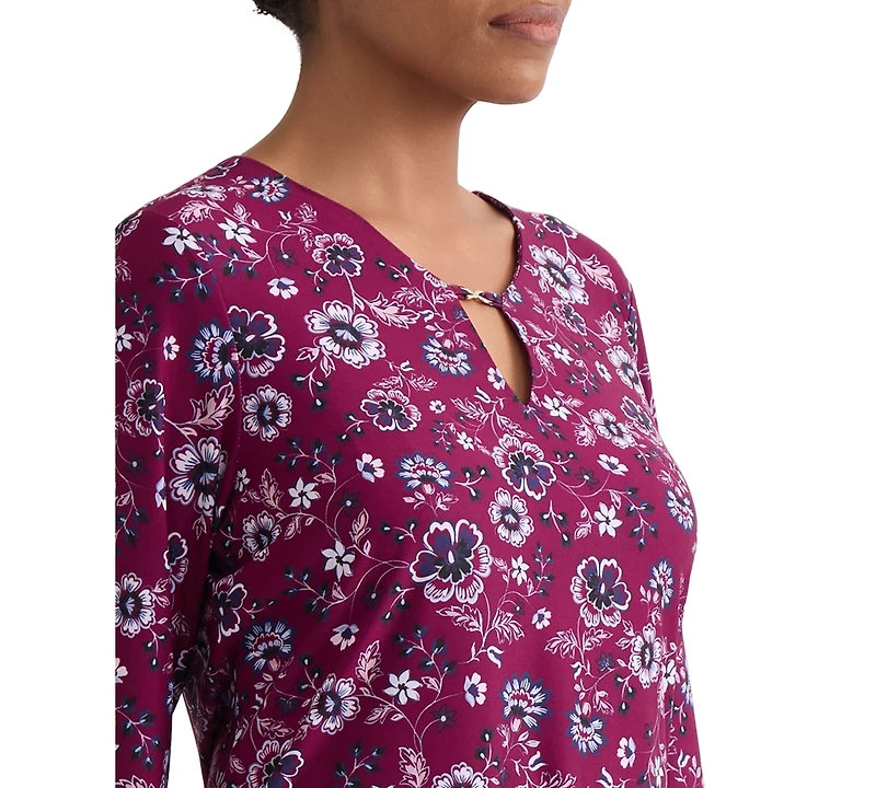 Jones New York Petite Floral V-Neck 3/4-Sleeve Blouse