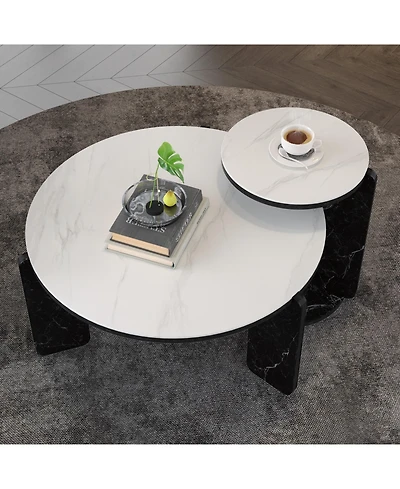 Flynama Set of 2 Round Nesting Coffee Tables, Sintered Stone Top and Mdf Frame, 32.68"+16.93" for Small Spaces